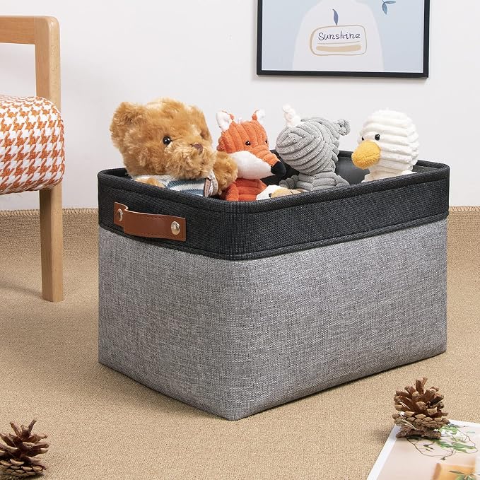 DULLEMELO Canvas Storage Bin with Handles, Fabric Bins for Shelves, Bedroom, Office,Nursery,Fabric Storage Baskets for Toys, Clothes,Gift(Black&Grey,L-15"x11"x9.5",4-Pack)