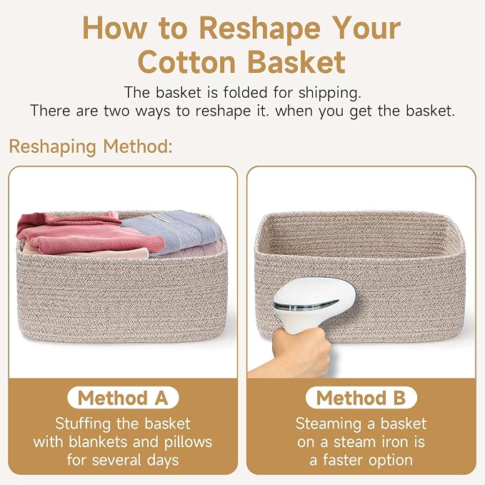 3-Pack Storage Baskets for Organizing | Woven Shelf Toy Basket | Rope Baskets for Gifts Empty | Closet Organizer Bins with Handles | Cube Decorative Box | 13.7×7.1×6.7” | Light Green