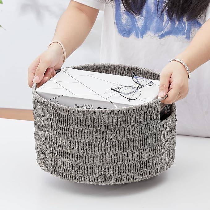 Wicker Storage Basket, Hand-Woven Paper Rope Large Round Woven Basket With Handles, Wicker Baskets for Organizing/Storage, Grey, 3-Pack