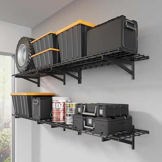 Jusgym 4 Pack Garage Shelving Wall Mounted, 1.5x4ft, 1400LB Heavy Load | Wall Mounted Floating Design, 18"x96" Storage Rack, No Splice Seamless Structure, Rustproof Black Coating for Garage Workshop