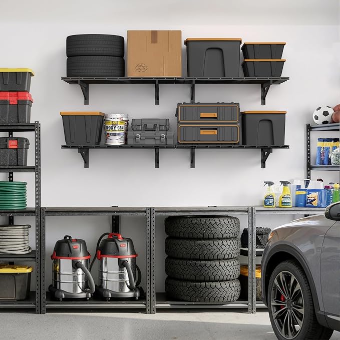 Jusgym 4 Pack Wall Mounted Garage Shelving, 2x3ft, 1400lbs Integrated Grid | Wall Mounted Floating Design, 24"x72" Storage Rack, No Splice Seamless Structure, Rustproof Black Coating for Garage Workshop