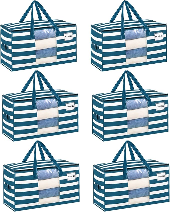 VENO Moving Bags, Wide Open Top, Clear Window, Classic Navy Stripe, 6 Pack | Moving boxes Alternative, Heavy Duty, Storage Bags, Clothes and Comforter Storage, Packing Supplies, College Dorm Essentials