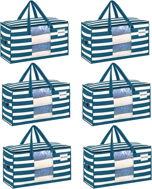 VENO Moving Bags, Wide Open Top, Clear Window, Classic Navy Stripe, 6 Pack | Moving boxes Alternative, Heavy Duty, Storage Bags, Clothes and Comforter Storage, Packing Supplies, College Dorm Essentials