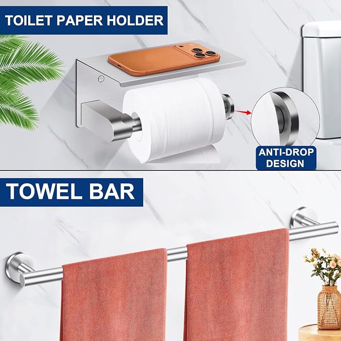 5 Pieces Brushed Nickel Bathroom Hardware Accessories Set, SUS304 Stainless Steel 24 Inch Bath Towel Bar Set, Round Bathroom Towel Holder Set, Towel Racks for Bathroom Wall Mounted