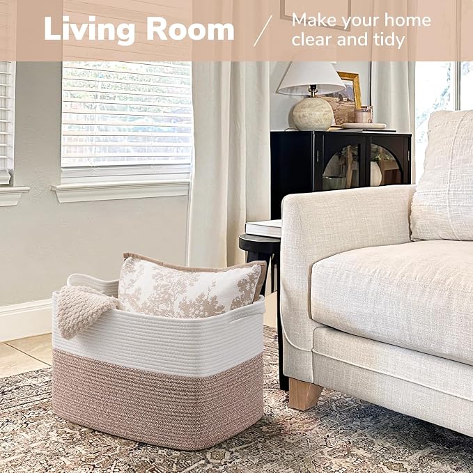 Goodpick 50L Large Woven Basket with Handles, 18" x 14" x 12", Brown | Blankets, Toys & Clothes Storage, Living Room & Bedroom Organization, Decorative Storage Basket, Stylish Rectangle Design