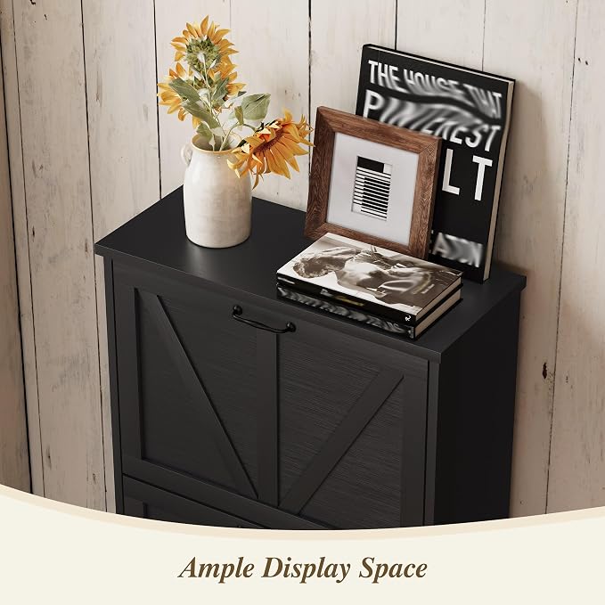 Semiocthome Farmhouse Shoe Storage Cabinet with 2 Flip Drawers, 23.6"(W) Freestanding Shoe Organizer with Barn Door and Metal Handles for Entryway, Corner Rustic Narrow Shoe Rack Cabinet - Black