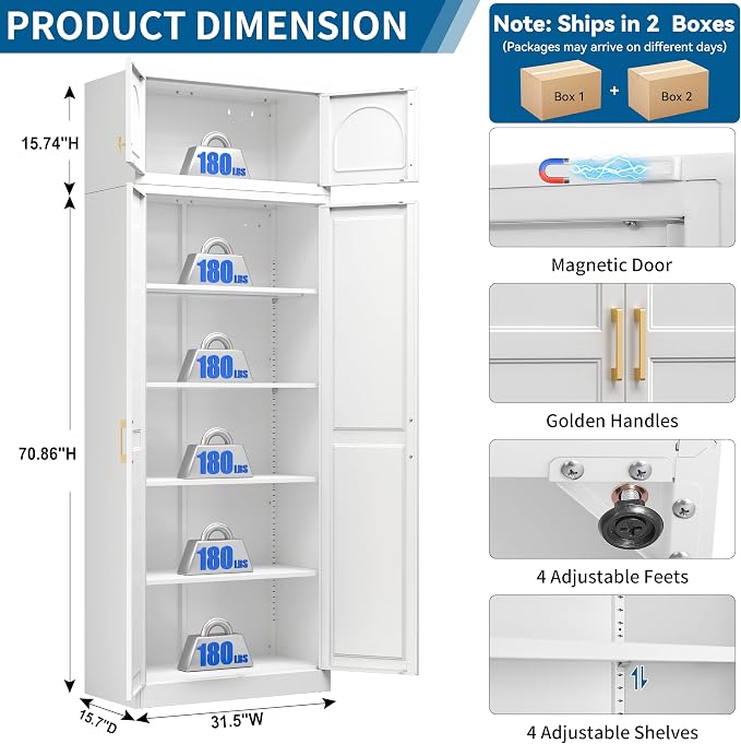 86" Tall Metal Kitchen Pantry Storage Cabinet with Doors | Extra Large Heavy Duty Steel Cabinet, 4 Adjustable Shelves, Easy-Access Gold Handles, White, 2 Packages, Home Office Pantry