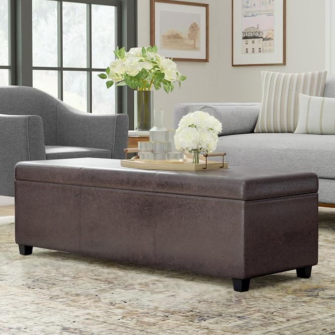 SIMPLIHOME Bretton 43" Wide Polyester Fabric Storage Ottoman in Umber Brown | Contemporary lift-top ottoman with high-density foam; rectangle storage bench or coffee table for living room or entryway.