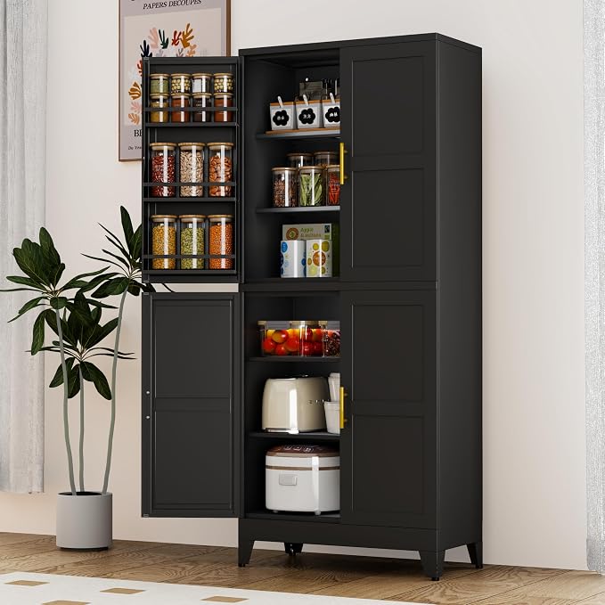 GAIOUS 74.8" Tall Metal Food Cabinet, Black Kitchen Pantry Cabinet Cupboard | Food Storage, Kitchen Organizer, Storage Cabinet with 4 Door and 4 Adjustable Shelves, Steel Freestanding, for Dining Living