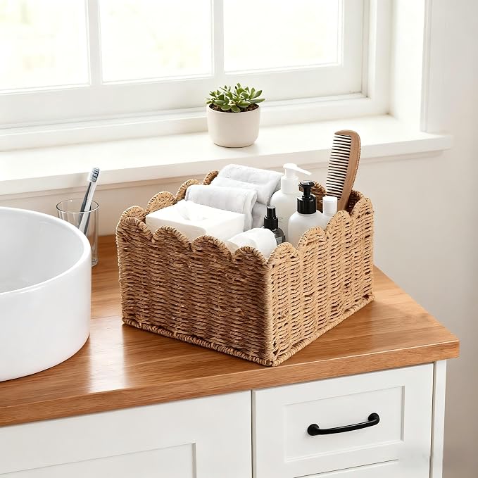 Scalloped Basket, Wicker Storage Baskets, Hand Woven Baskets for Shelves,Natural Baskets for Organizing (S-9.5" L x 9.5" W x 5.5" H)