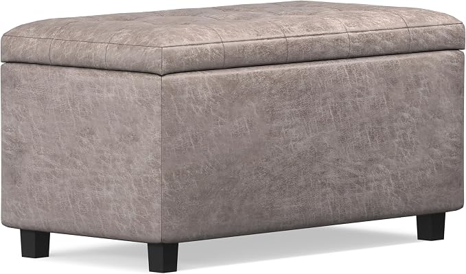 SIMPLIHOME Cosmopolitan 34" Wide Vegan Leather Storage Ottoman in Soft Blue | Distressed grey taupe, transitional storage ottoman with tufting and lift-up lid; rectangle storage bench for living room.