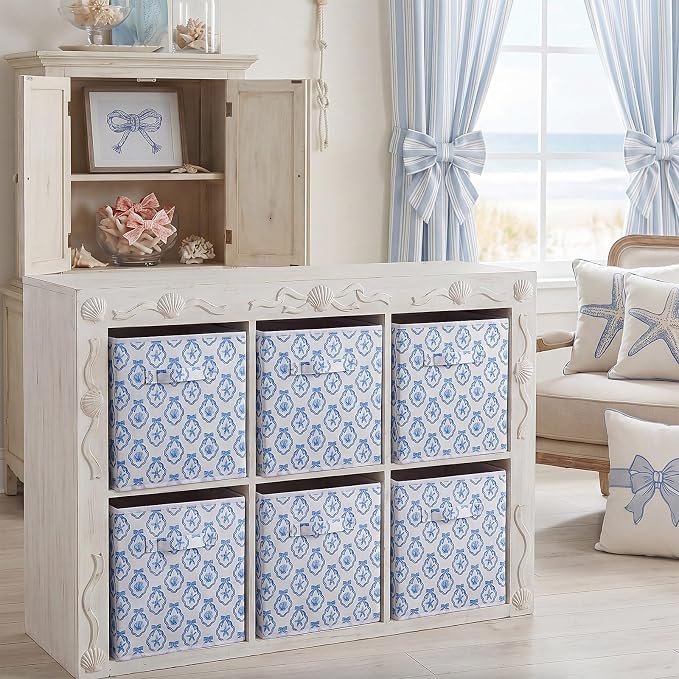 6 Pcs Blue Bow Seashell Storage Bins 11 Inch Summer Beach Storage Basket with Handle, Coastal Organizer Basket, Ocean Collapsible Fabric Box for Classroom Bedrooms Office Home Decoration Gift