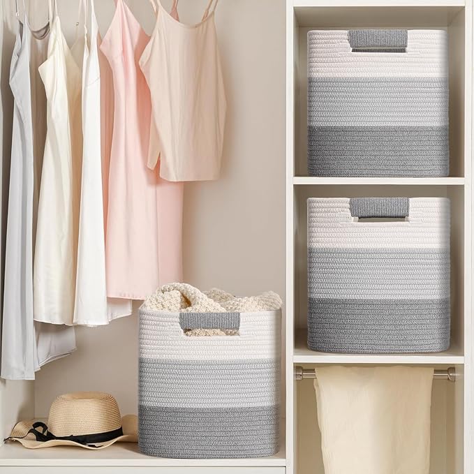 11 Inch Storage Cubes, 3 Pack Cube Storage Bins for Organizing, Cotton Rope Woven Baskets for Shelves, Bathroom, Kids Room, Closets, Baby Nursery