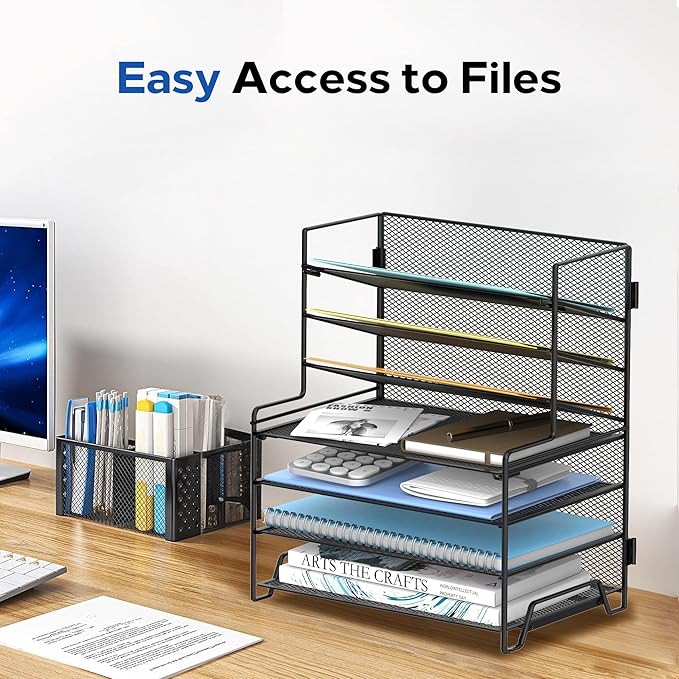 7 Tier Desk File Organizer with Letter Trays and File Holders Black | 7 Tier Metal Mesh Paper Organizer for Desk with Letter Trays and File Holders for Papers, Folders and Office Supplies
