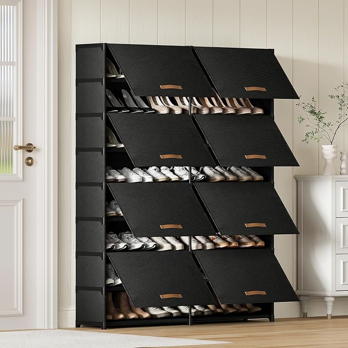2 by 9 Tier Shoe Cabinet, 54-Pair Storage for Closet,Black | Max capacity for large families. Remove layer for boots. Split into 2 units. Door blocks dust & pets.