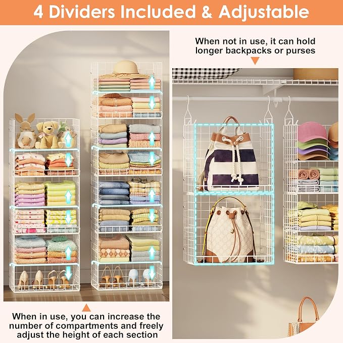 8 Tier Extended Width Hanging Closet Organizer, Sweater Storage for Closet Organizer System, Stackable Wire Basket Bins for Clothes Purse Shoes, Hanging Shelves with 4 Hooks & 4 Dividers Adjustable