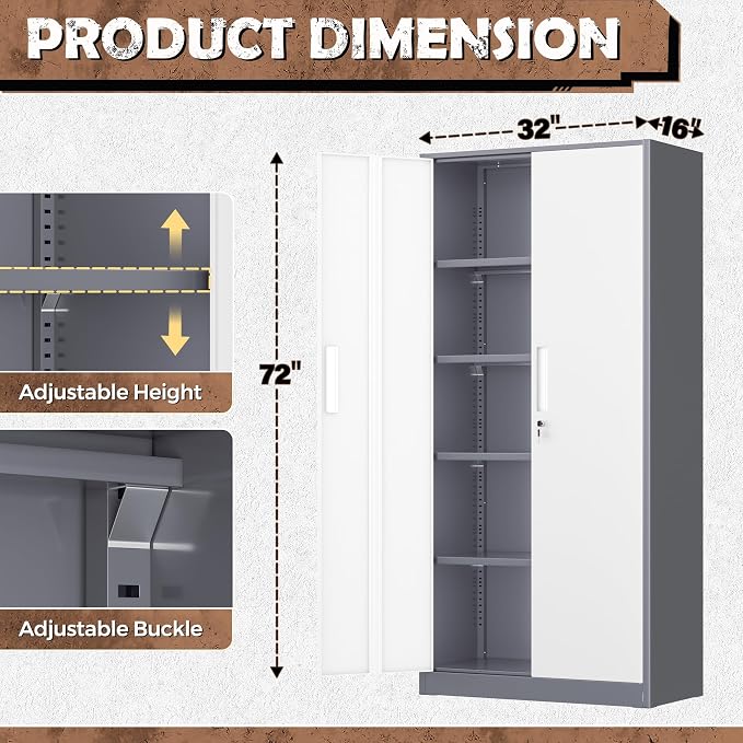 INTERGREAT Metal Storage Cabinet, 72” H Storage Cabinet with Doors and Adjustable Shelves for Office, Home, Garage, Pantry (Assembly Required, Grey White)
