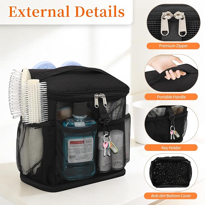 CUBETASTIC Shower Caddy Portable Mesh Shower Tote for Bathroom, Gym, Travel, Camping - Quick Dry Hanging Organizer Toiletry Bag with Handle for College Dorm Room, Men & Women
