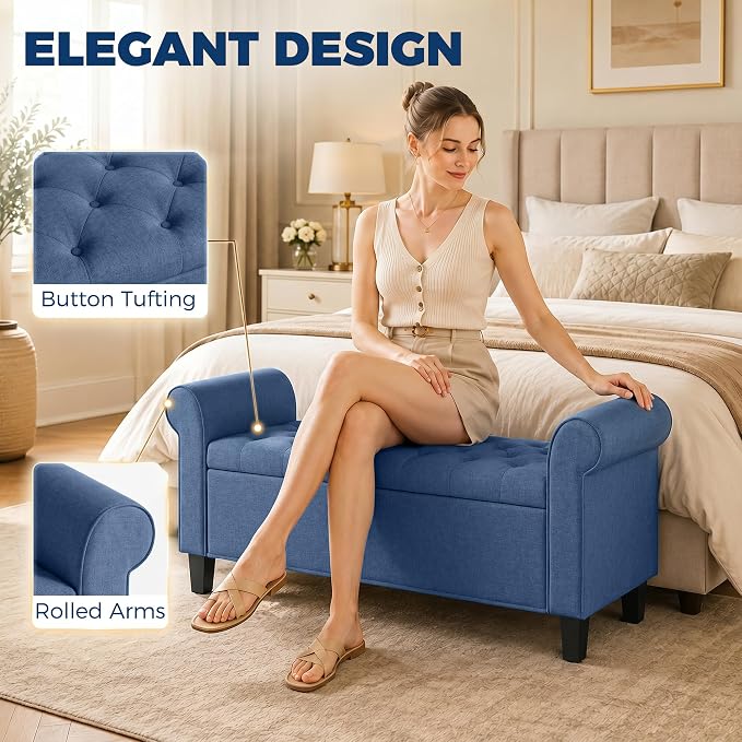 HOMCOM 47" Ottoman wih Storage End of Bed Bench with Rolled Arms Blue | Long Ottoman with Storage Chest, Safety Hinge, Wooden Legs, Upholstered End of Bed Bench, Bedroom Entryway Living Room