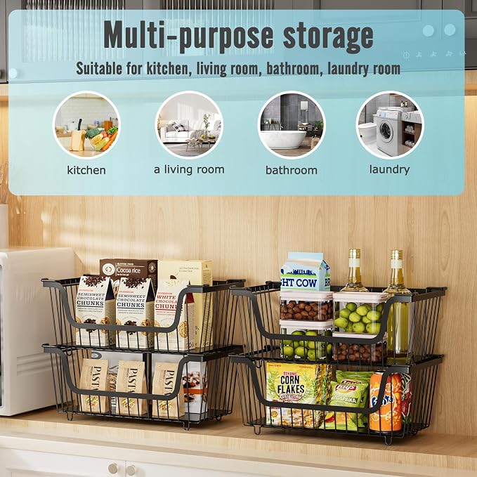 GAOKASE 6 Pcs Stackable Wire Baskets for Pantry Organizers and Storage, | Vegetable Fruit Basket for Countertop,Kitchen Storage Metal Baskets,Produce Potato Onion Storage Bin,Black