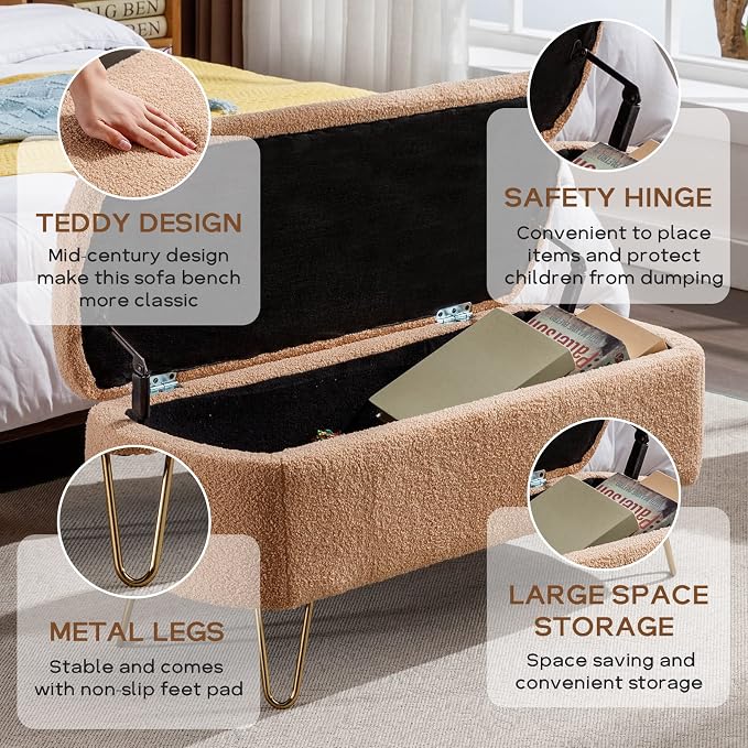 Modern Storage Ottoman Bench, Vintage Boucle Upholstered Entryway Bench, End of Bed Bench with Gold Legs, Padded Bench with Storage for Living Room, Bedroom, Entryway (Camel)