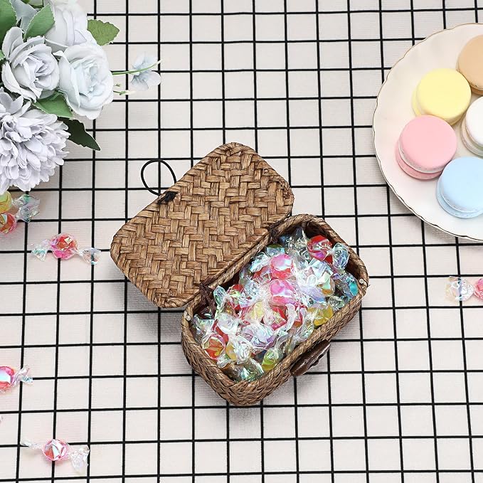Hipiwe Mini Seagrass Basket Box with Lid Wicker Storage Bins, 4.3x 2.5x2.1" | Small Handwoven Baskets Organizer, Multipurpose Desktop Baskets for Home Decor