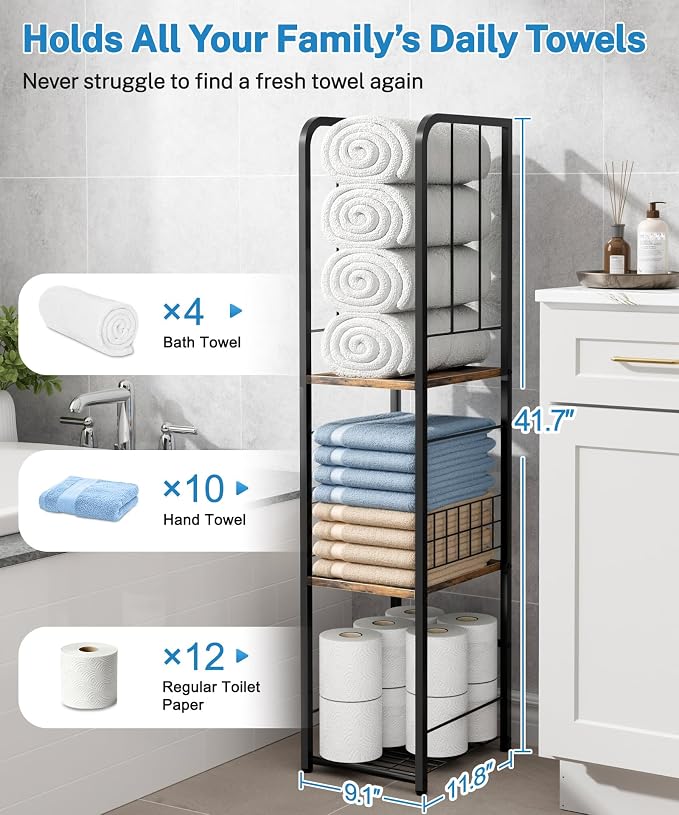 KIMBORA Narrow Towel Storage for Bathroom, 3-Tier Free Standing Bathroom Towel Rack Organizer with Shelf for Small Bath, Pool, Brown