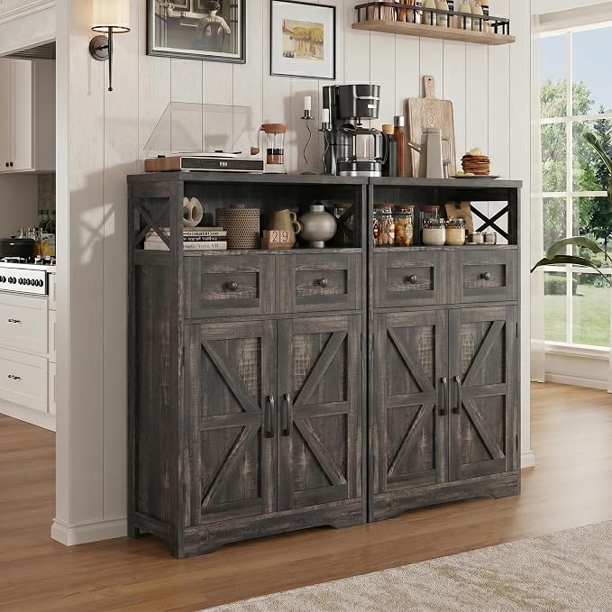 Farmhouse Storage Cabinet Set of 2, Small Kitchen Pantry Coffee Bar Cabinet | Accent Buffet Cabinet Cupboard, 2 Drawers, Barn Doors & Adjustable Shelves, for Kitchen/Entryway/Bathroom, Dark Wood