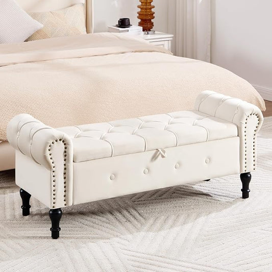 Storage Bench 51" Velvet End of Bed Benches Beige | Queen Size Storage Bench for Bedroom with Rolled Arms Tufted Ottoman Benches Upholstered Bench for Living Room Entryway