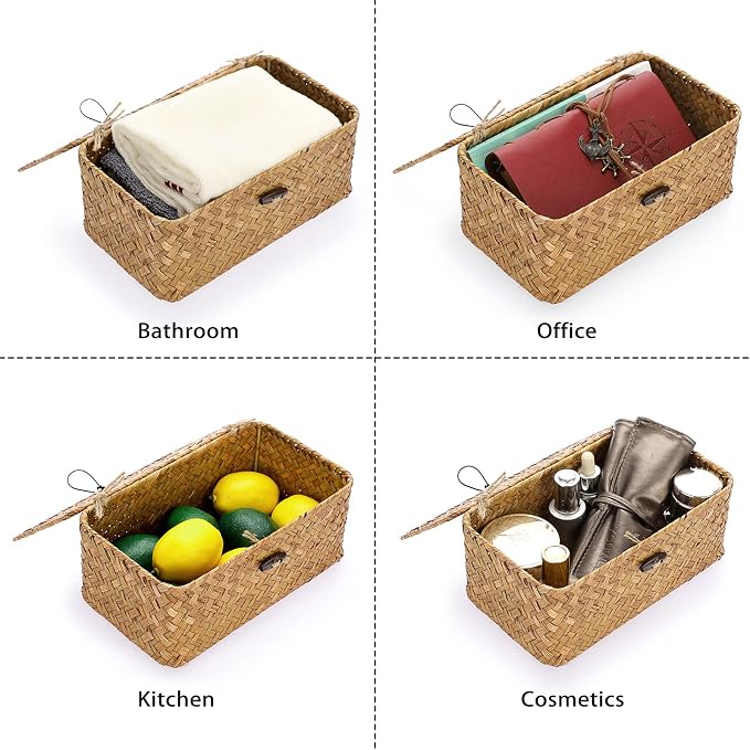 Hipiwe Wicker Shelf Baskets Bin with Lid X-Small Handwoven Basket for Shelf | Natural Seagrass Storage Box, Rectangular Household Basket Boxes for Wardrobe Home Organizer, Caramel
