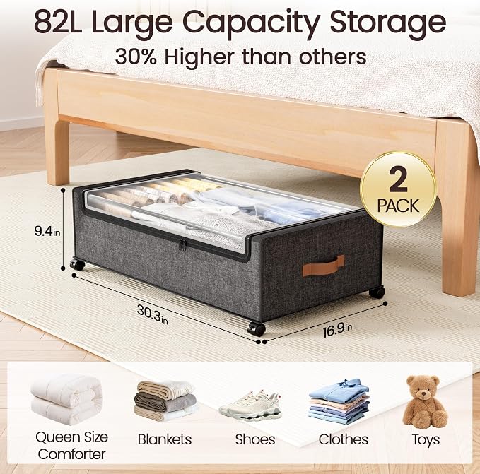 Yecaye 82 L Under Bed Storage with Wheels, 9.4 in Under Bed Storage Containers, Large Under Bed Shoe Storage with Lids, Rolling Underbed Storage bins for Clothes, Blankets, Grey