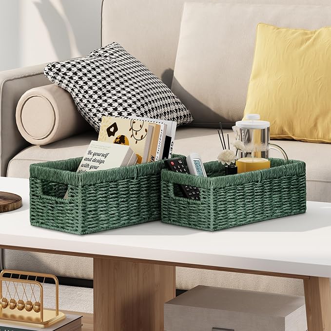 Wicker Storage Basket, 2-Pack Paper Rope Wicker Baskets with Handles, Toilet Paper Basket for Toilet Tank Top, Small Wicke Baskets for Organizing Decor Storage Bins for Shelves, Green