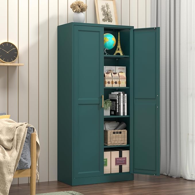 Polup Kitchen Pantry Cabinet, 71 Inch Tall Metal Pantry Cabinet with Doors and Adjustable Shelves, Freestanding Food Cupboard, Storage Cabinets for Dining, Living Room, Green-Teal, Assemble Required