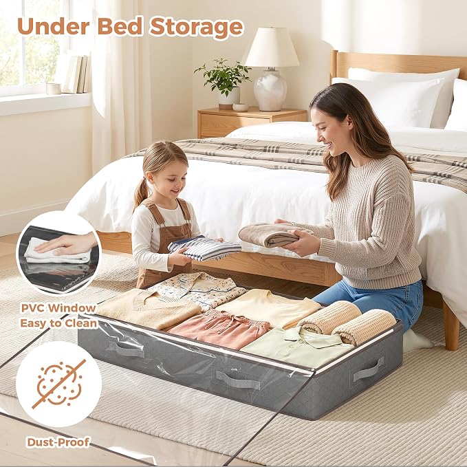 Budding Joy 90L Under Bed Storage Containers, 2 Pack Storage Bins, Grey | Foldable underbed storage bins for linen sheets, blanket, clothing, comforter, sweaters, pillows, wrapping paper