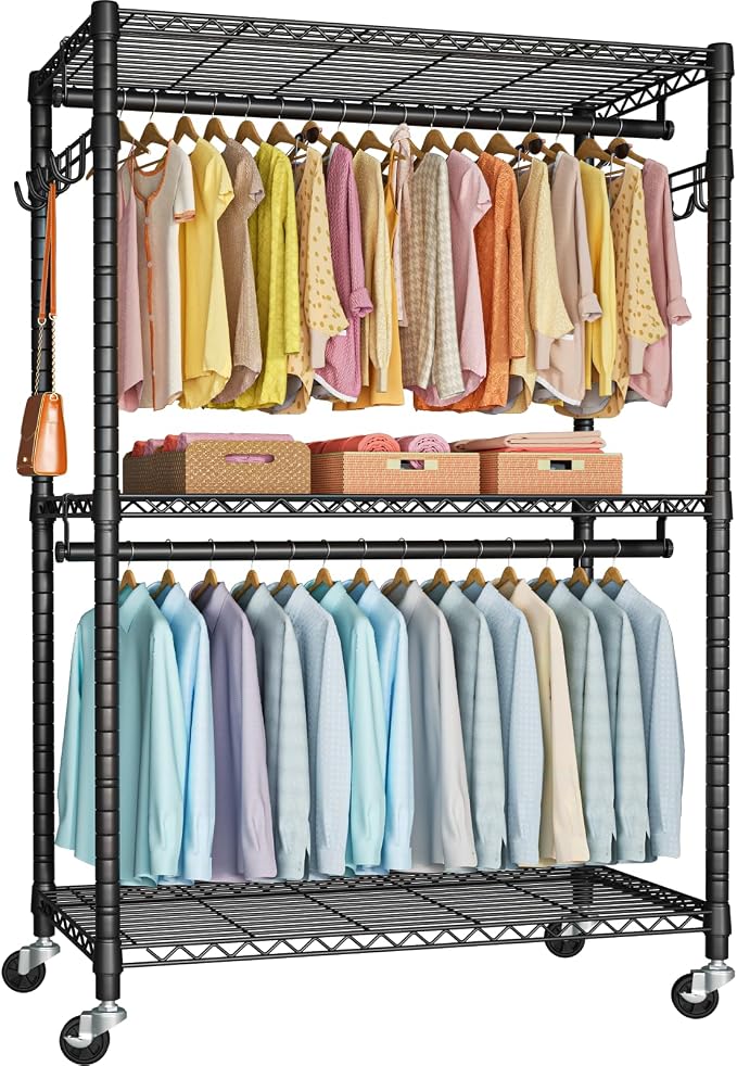 FUTASSI P1 Plus Rolling Clothes Rack, Heavy Duty Portable Closet Wardrobe | Freestanding Garment Clothing Rack with Wheels and Double Rods, 45"W x 17.7"D x 80.5"H, Max Load 524lbs, Black
