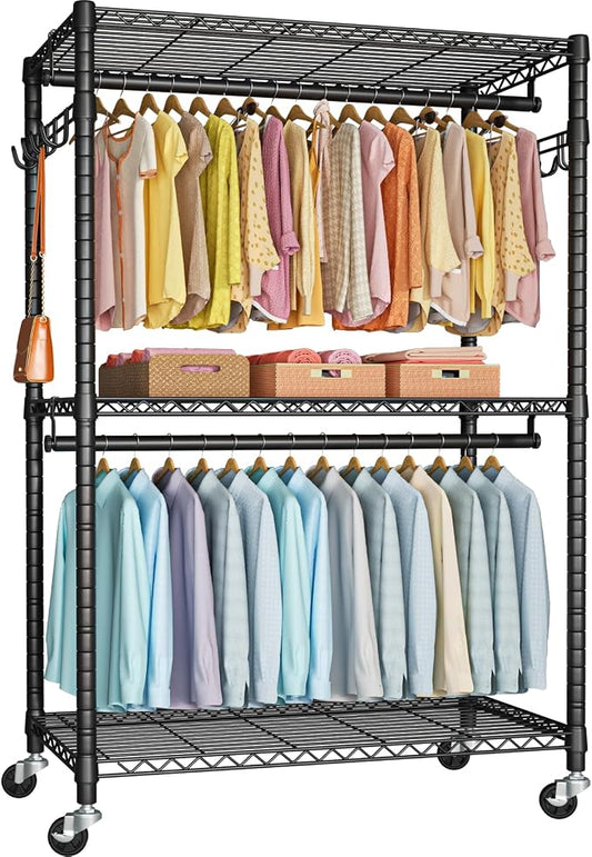 FUTASSI P1 Plus Rolling Clothes Rack, Heavy Duty Portable Closet Wardrobe | Freestanding Garment Clothing Rack with Wheels and Double Rods, 45"W x 17.7"D x 80.5"H, Max Load 524lbs, Black