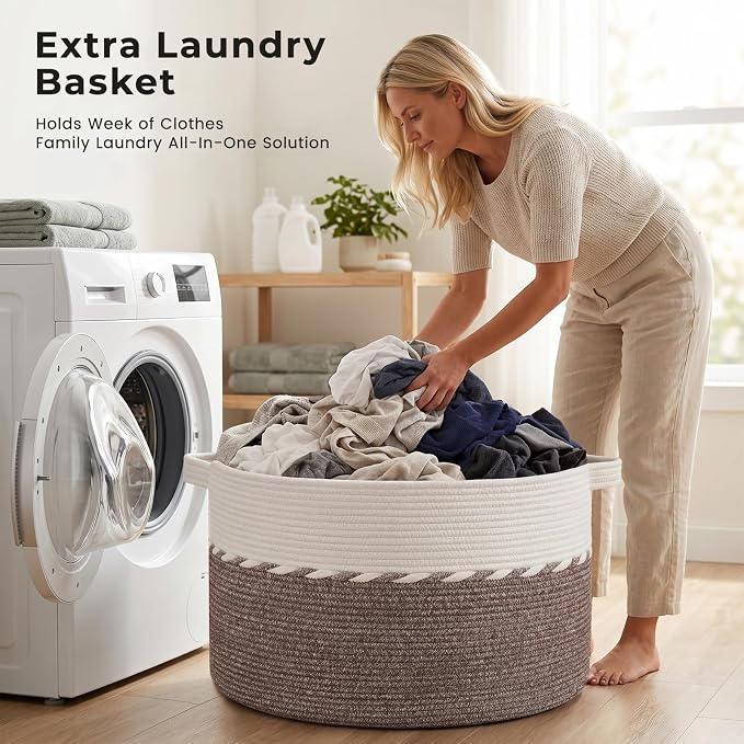 OIAHOMY 90L Extra Large Blanket Basket - Decorative Cotton Rope Storage Basket for Bedroom, Living Room & Nursery - Woven Laundry Hamper for Organizing Blankets, Clothes & Toys - Brown & White