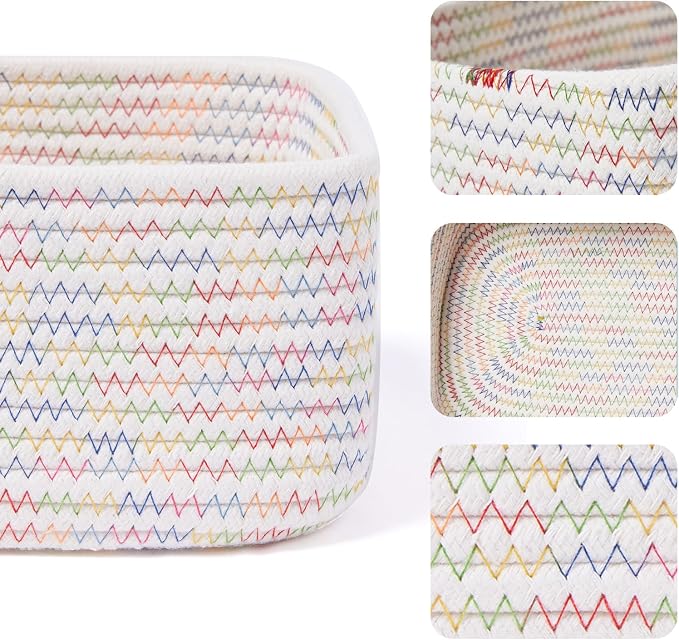 MiniArk Small Storage Baskets for Organizing | Closet Organizer Bins | Shelf Toy Basket | Woven Rope Baskets | Cube Decorative Box | Shallow Basket | 11.5x7.5x4.7” | 4 Packs Rainbow