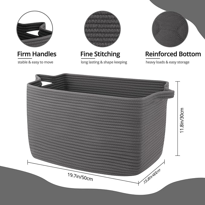 OIASKET Large Toy Basket, Rectangle Woven Rope Storage Basket for Blankets, Dirty Clothes, Shoes, Nursery Organizer Bins (Dark Grey)