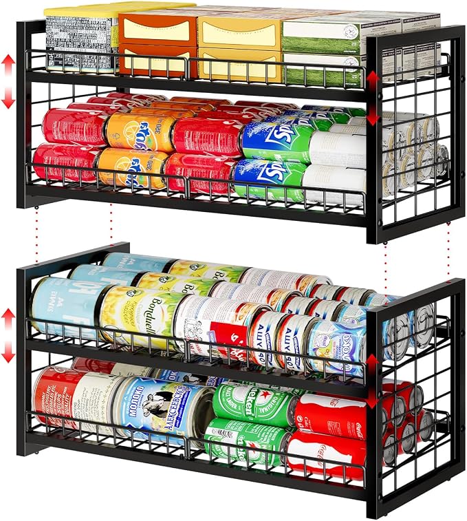 JKsmart 2-Tier Stackable Can Organizer, Extra-Long Can Rack for Pantry Storage, Adjustable Can Dispenser Holds Up to 64 Cans, 12mm Metal Frame, Super Sturdy Holders for Various Canned Food Soda-2 Pack
