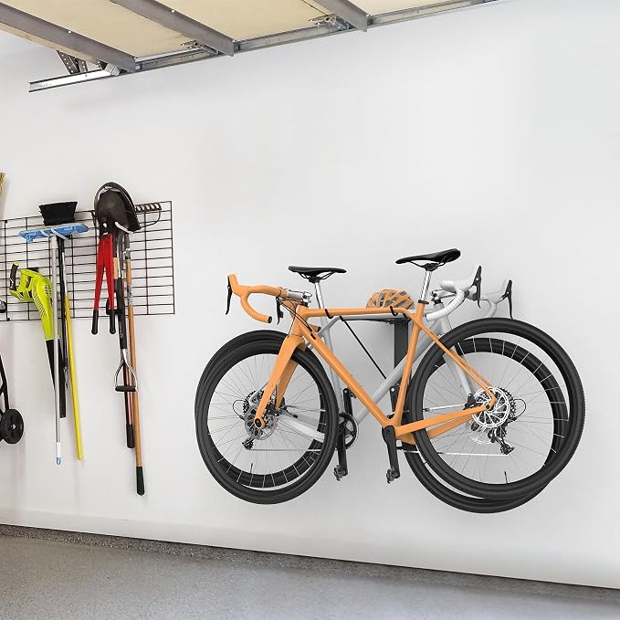 WALMANN Wall Mounted Horizontal Bike Rack, Foldable Space Saving Bicycle Storage Solution for 2 Bikes, Indoor Bike Storage for Garage