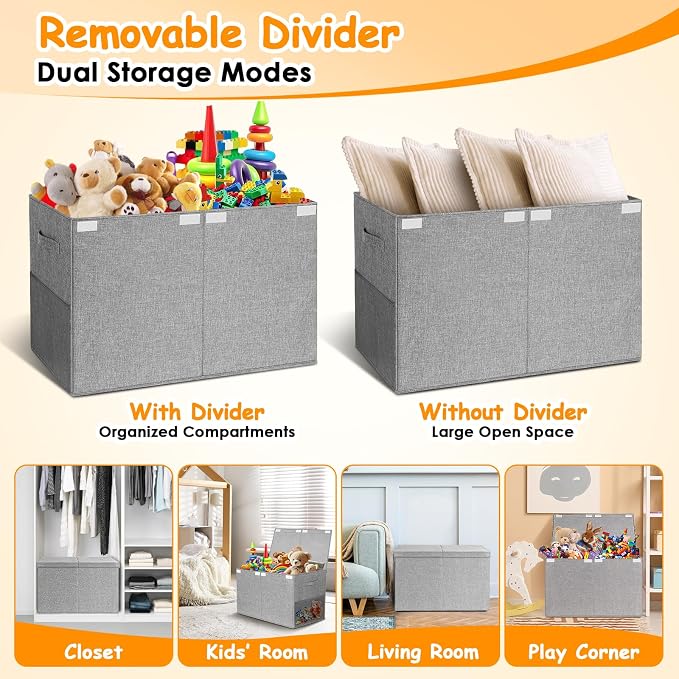 Large Toy Storage Box with Lid Upgraded Toy Chest Organizer with Removable PP Divider Foldable Toy Bin for Kids Boys Girls Linen Fabric Toy Box for Playroom Nursery Bedroom (25"x13"x16")