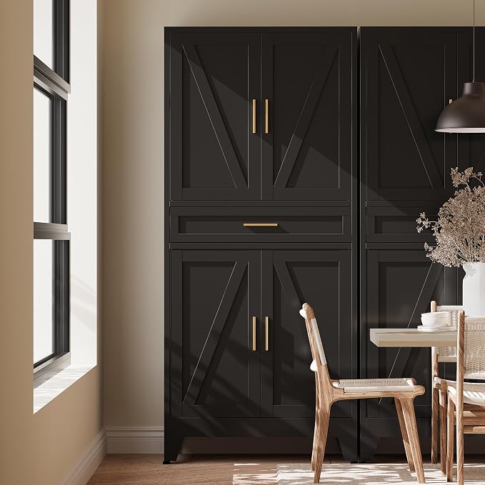 71" H Metal Kitchen Pantry Cabinet with Drawers,Black Kitchen Storage Cabinets with Doors,Tall Pantry Food Storage Cabinets,Large Freestanding Cabinets for Dining Room, Living Room