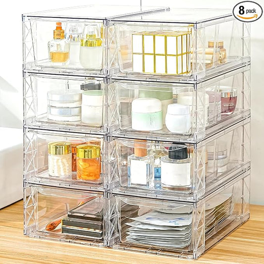 8 Pack Acrylic Storage Drawers, Clear Stackable Storage Drawers, Acrylic Organizers Drawers for Under Sink, Pantry, Bathroom, Makeup Organizers Cosmetic Display,Classroom Storage Organization, Medium