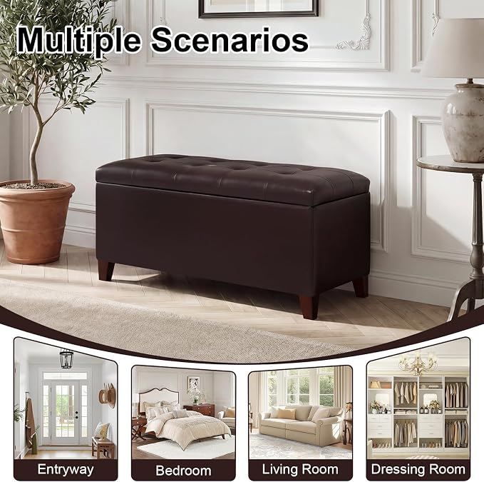 Storage Ottoman Bench, 33" Faux Leather Upholstered End of Bed Bench with Safety Hinge,Wooden Legs,for Entryway Bedroom Living Room,Chocolate Brown