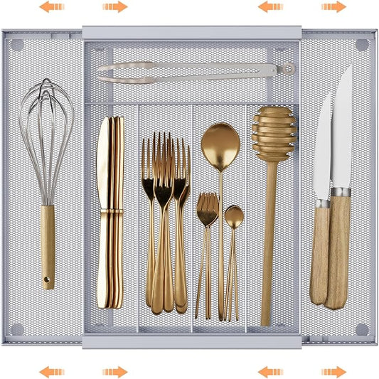 Sedegn Silverware Organizer Metal Mesh, Drawer Organizer, Utensil Cutlery Tray Expandable Flatware Organizer with 7 Compartment Silver 9.6"~16.1" x 13.8"