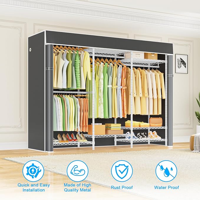 E13C Heavy Duty Closet Organizer System，Freestanding Clothing Racks for Hanging Clothes，Adjustable Garment Rack 63" W x 16" D x 77" H Hold 960 lbs，White Clothing Rack with Grey Dustproof Cover