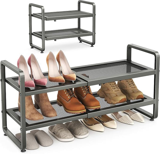 SAYZH 2-Tier Expandable Shoe Rack for Closet, Adjustable Metal Shoe Organizer with Sturdy Mesh Shelves for Boots & Heels, Stackable Shoe Storage for Entryway, Garage, Small Spaces (Grey, 2-Tier)