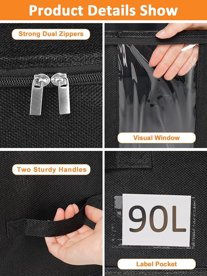 punemi 90L Structured King Size Comforter Storage Bags, 2 Pack, Black | Clear Window & Reinforced Handles, Comforter & Bedding Organizer, for Quilts, Duvets, Pillows & Seasonal Clothes