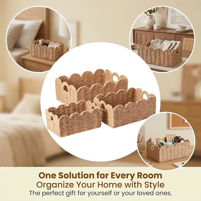 Scalloped Wicker Baskets Set of 3, Hand-Woven Storage with Handles | set of 3 tan scalloped baskets with handles. Hand-woven paper rope for shelves, bathroom or closet. Stackable, sturdy.